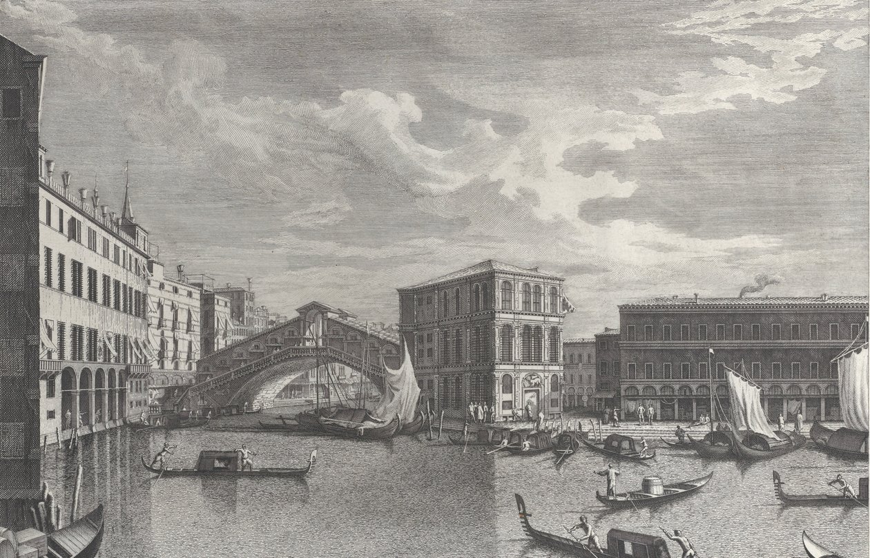 De Rialtobrug, Venetië, met boten en gondels in het water door Giovanni Battista Brostoloni