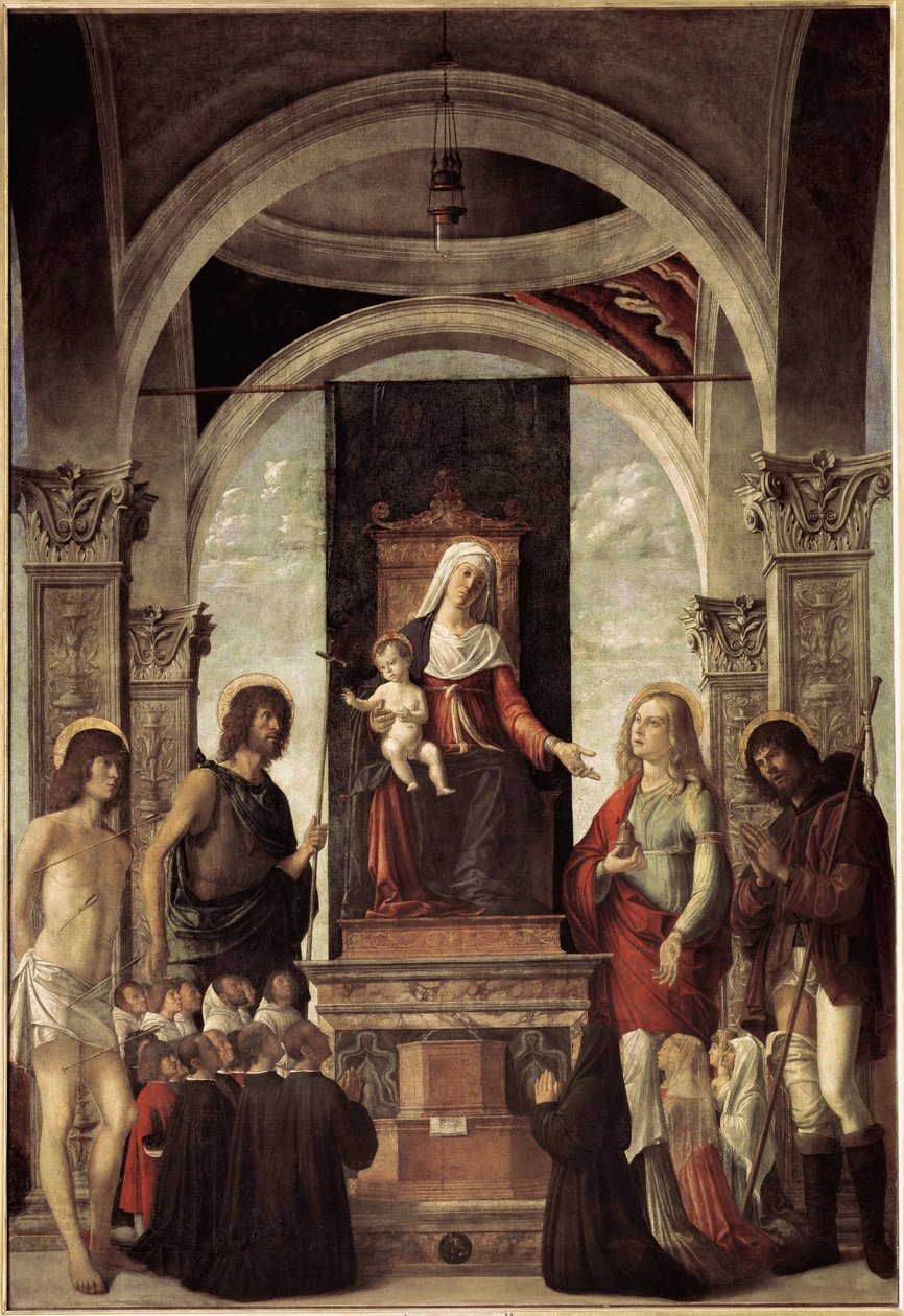 Heilige conversatie, maagd met kind omringd door Sint Jan de Doper, Sint Sebastiaan, Sint Rochus, Sint Maria Magdalena door Giovanni Battista Cima da Conegliano