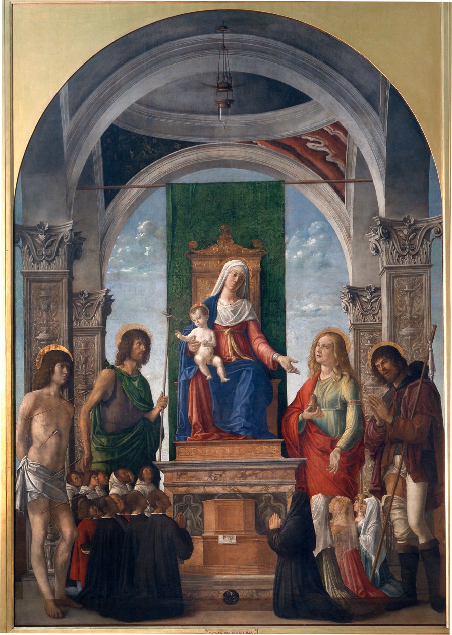 Madonna en Kind op de Troon met St. Sebastiaan, St. Johannes de Doper, St. Maria Magdalena, St. Rochus en Leden van de Broederschap van San Giovanni Evangelista door Giovanni Battista Cima da Conegliano