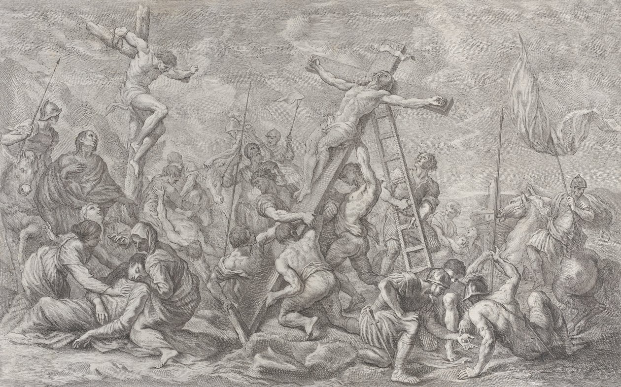 De Kruisiging, met het Neerlaten van het Kruis in het Midden, Soldaten Overal, en een Die..., 1762 door Giovanni Battista Cipriani