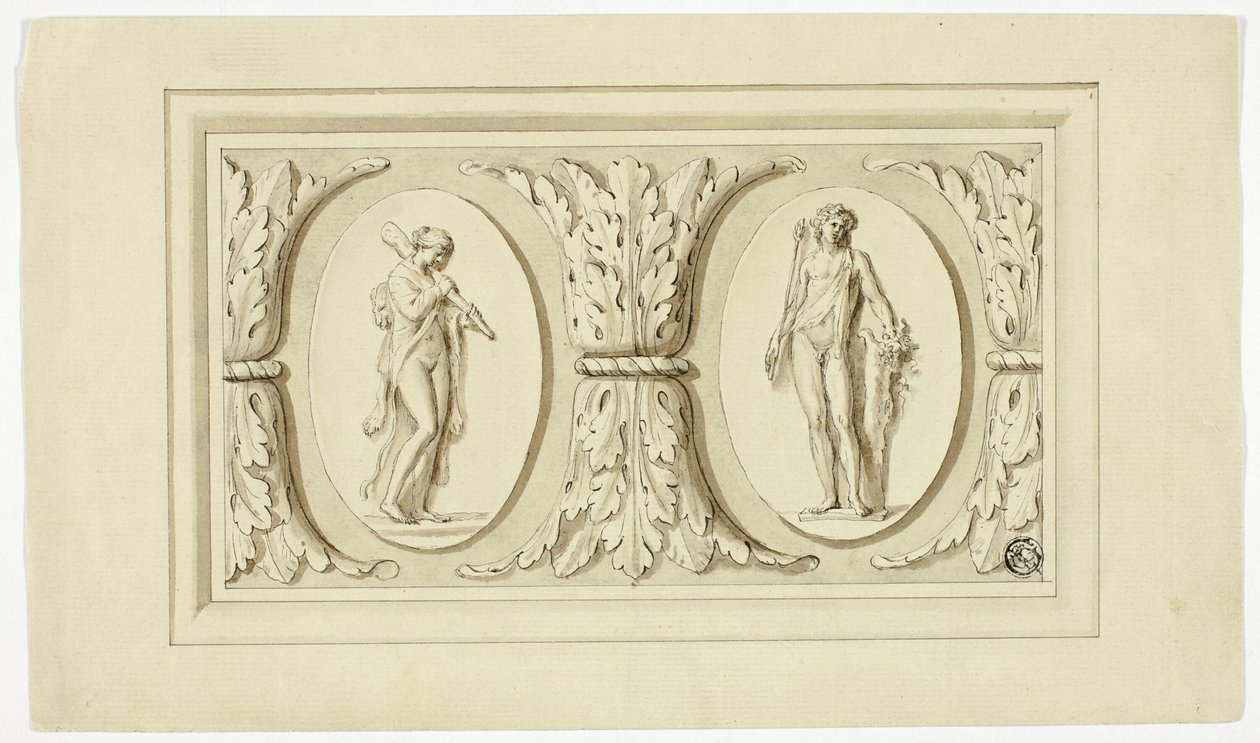Twee medaillons met staande figuren van Omphale en Bacchus, gescheiden door ontwerp van Acanthusbladeren door Giovanni Battista Cipriani