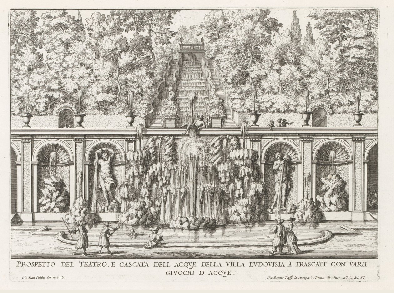 Cascade en Teatro delle Acque in de tuinen van de Villa Torlonia te Frascati door Giovanni Battista Falda