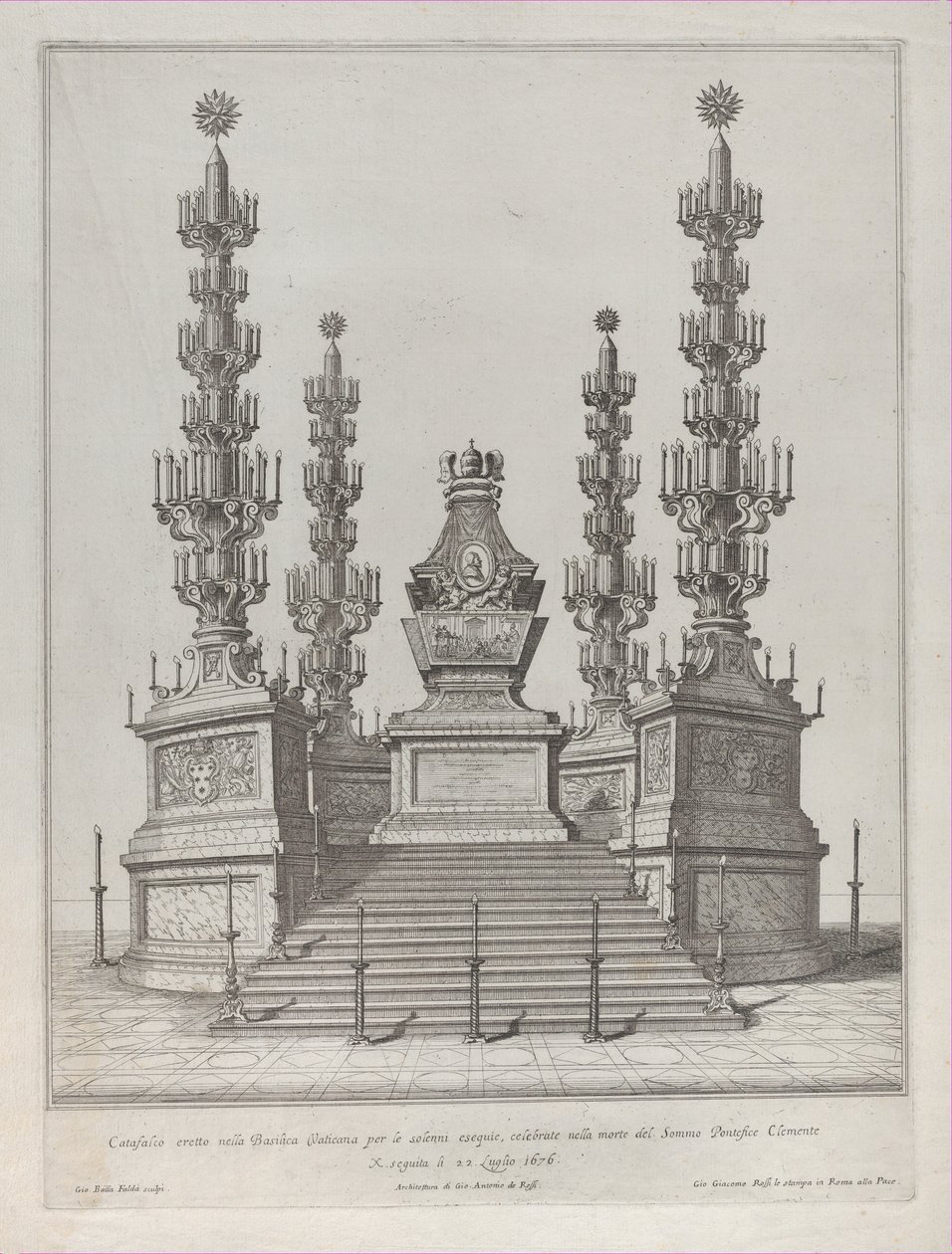 Catafalque voor paus Clemens X: een centrale structuur op een platform met 15 treden, 1676 door Giovanni Battista Falda