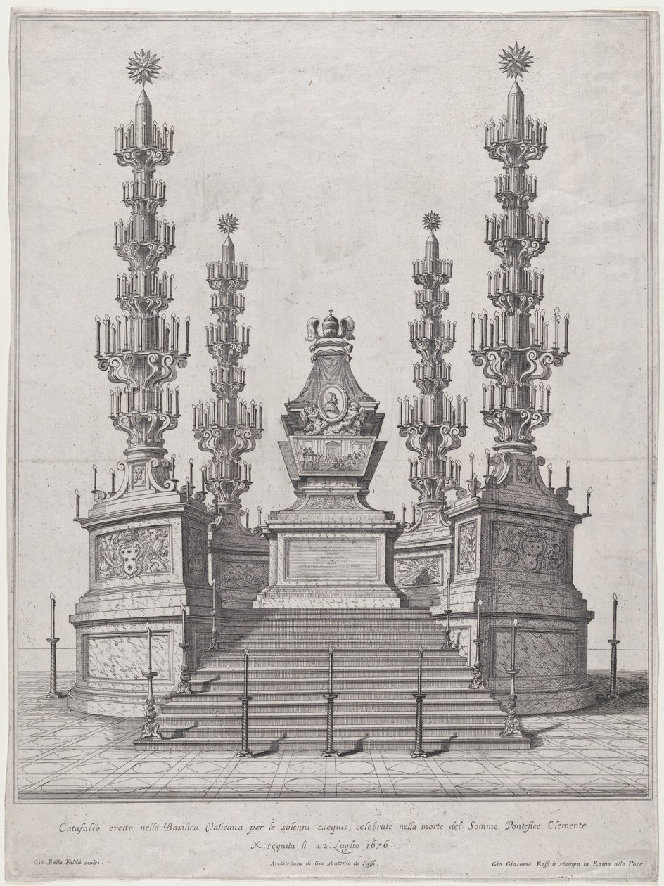Catafalque voor Paus Clemens X, centrale structuur bovenaan een vijftien treden platform, 1676 door Giovanni Battista Falda