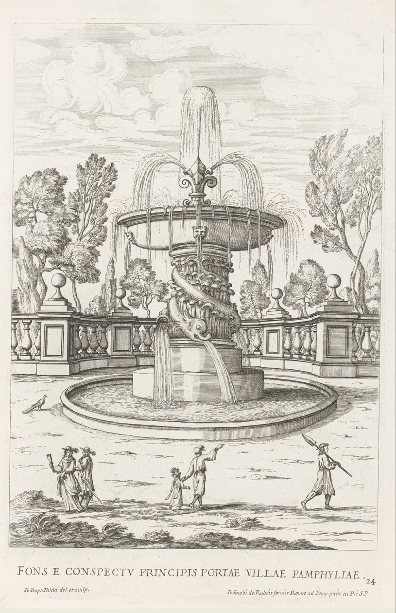 Fontein met dolfijnen in de tuinen van Villa Doria Pamphilj te Rome door Giovanni Battista Falda