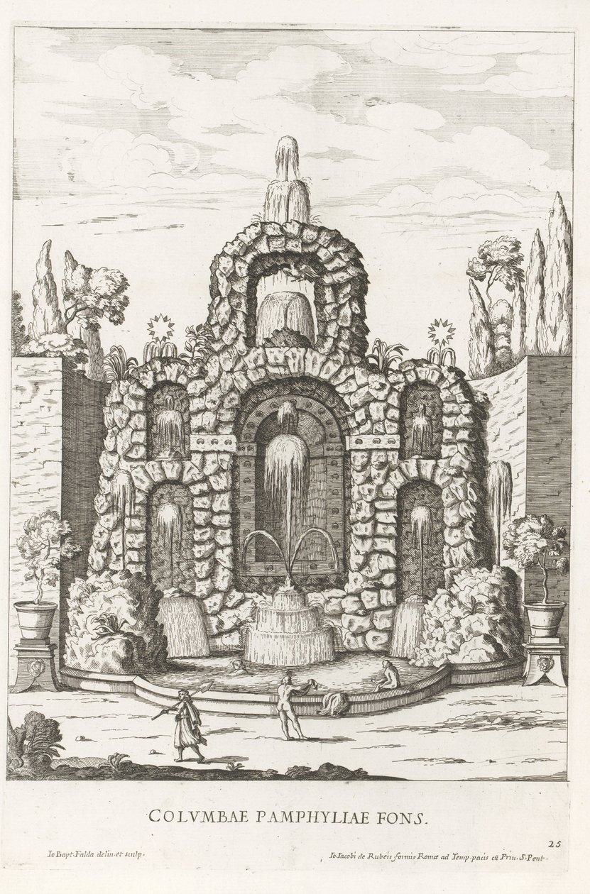 Fontein met duiven in de tuinen van Villa Doria Pamphilj te Rome door Giovanni Battista Falda