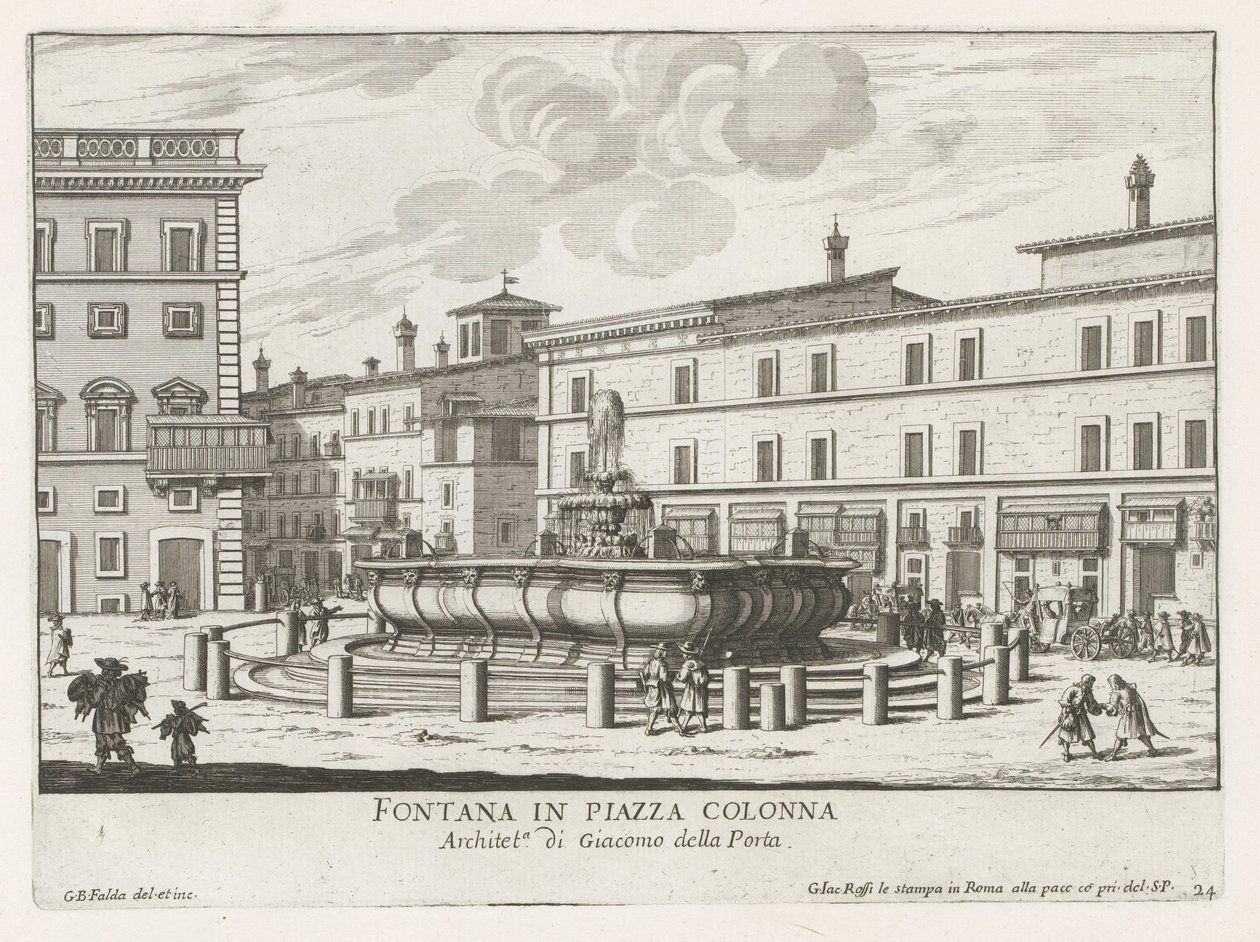 Fontein op Piazza Colonna te Rome door Giovanni Battista Falda