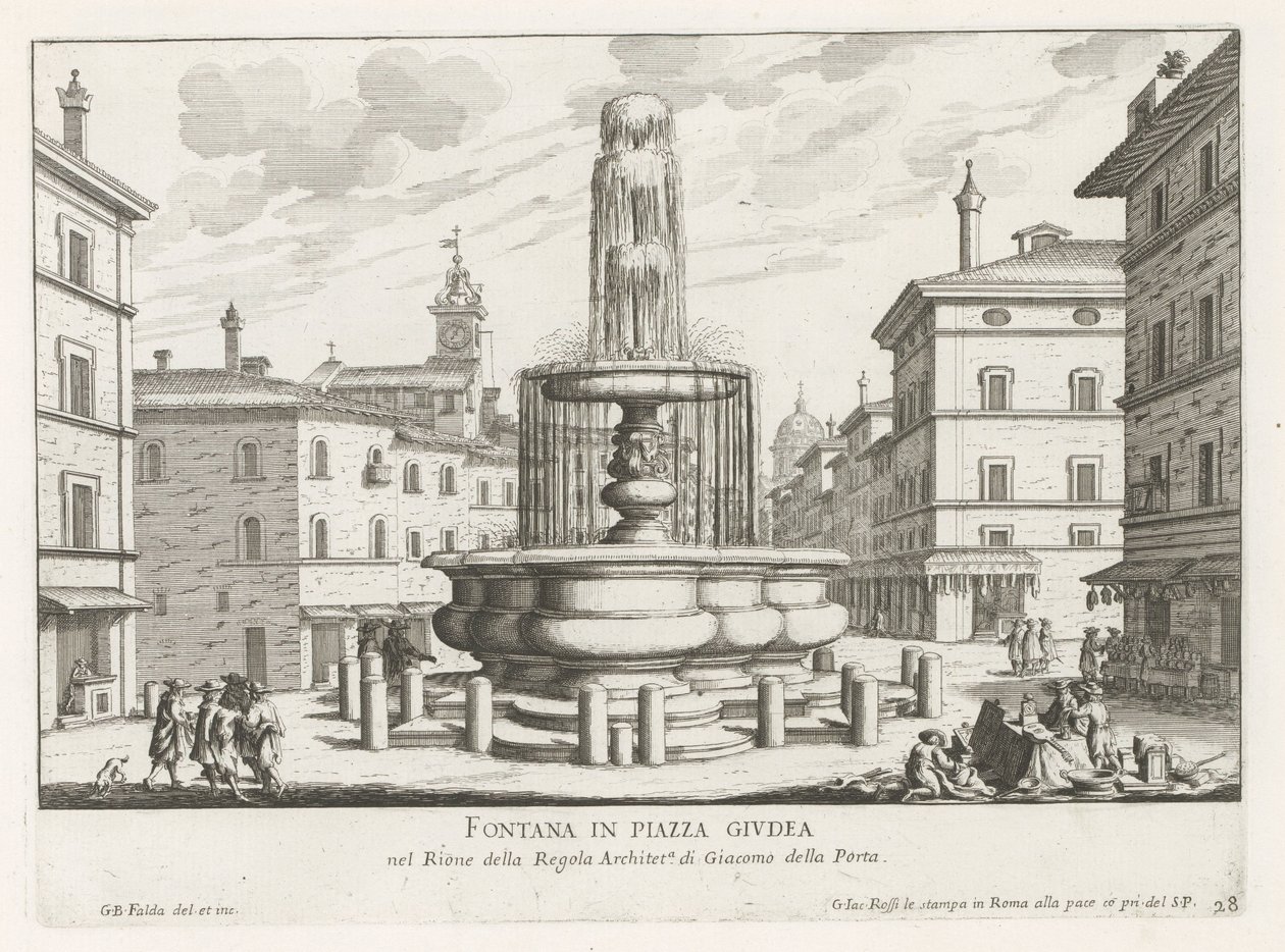 Fontein op Piazza Giudia te Rome door Giovanni Battista Falda