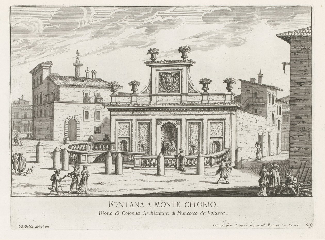 Fontein op Piazza Montecitorio te Rome door Giovanni Battista Falda