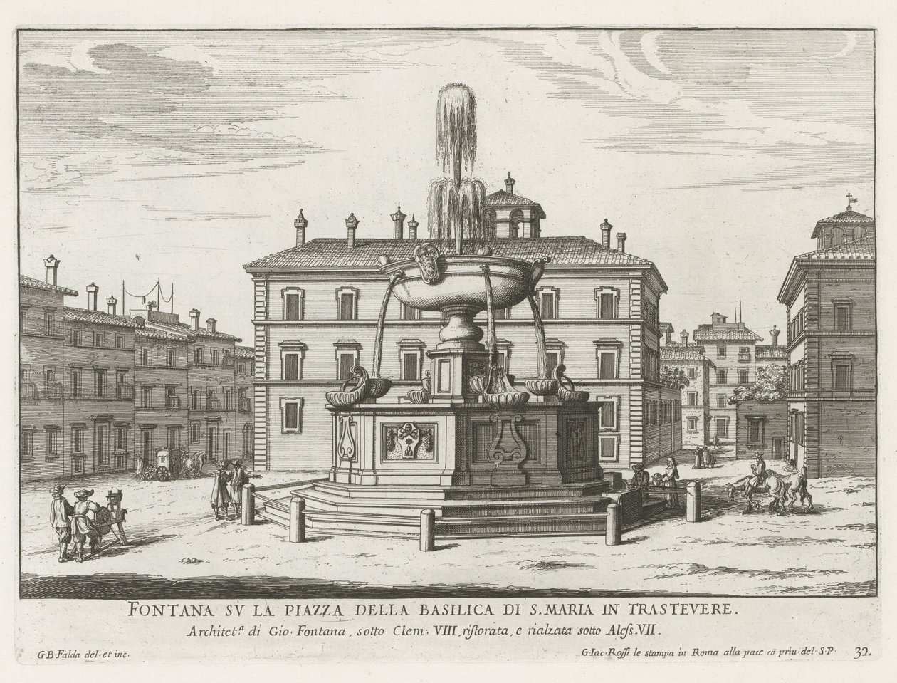 Fontein op Piazza Santa Maria in Trastevere door Giovanni Battista Falda