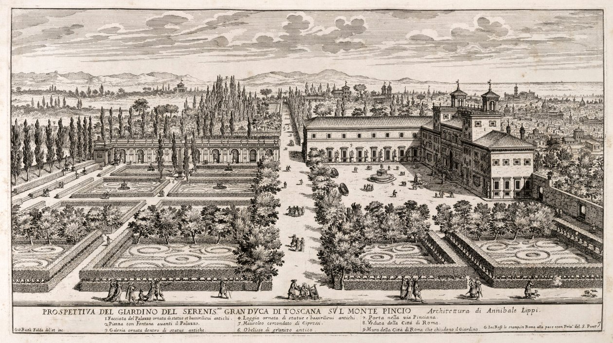 Perspectief van de tuinen van Villa Medici in Rome, gravure uit 
