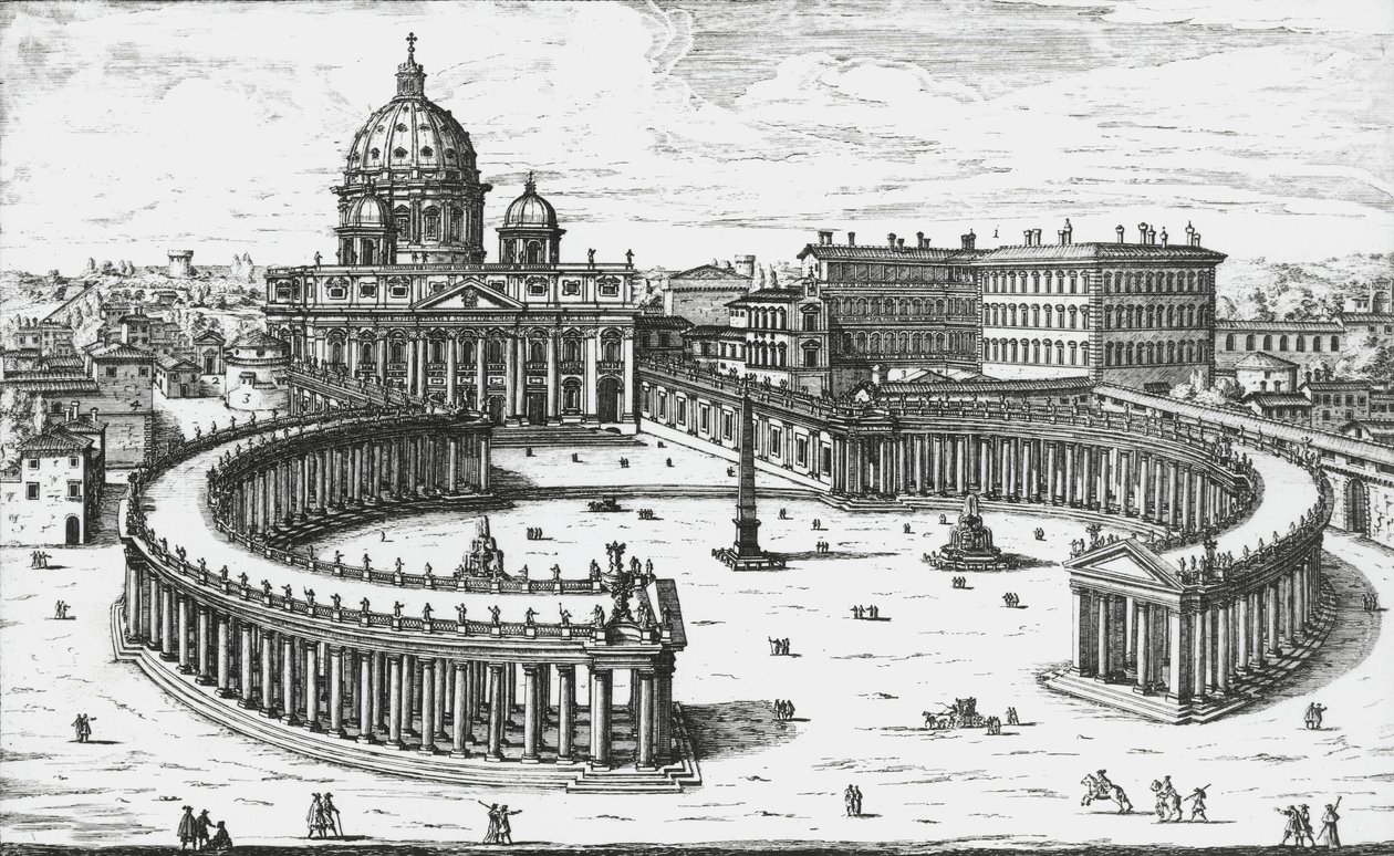 Vaticaanstad, Uitzicht op Piazza San Pietro met de Sint-Pietersbasiliek en de Vaticaanse paleizen, gravure door Giovanni Battista Falda. 1665 door Giovanni Battista Falda