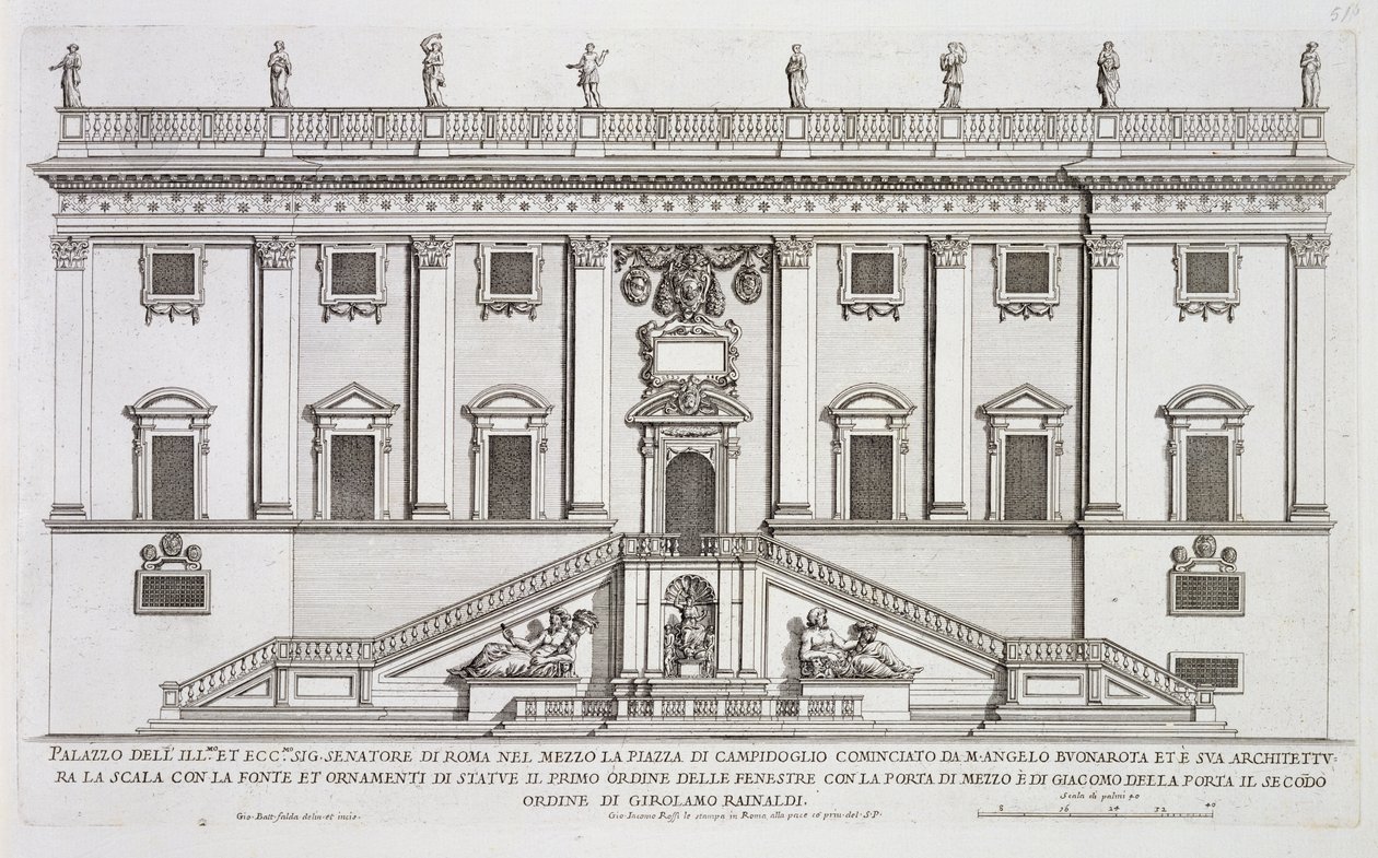 Gezicht op de gevel van Palazzo Senatorio op Piazza del Campidoglio, Rome, begonnen door Michelangelo Buonarroti en voltooid door Girolamo Rainaldi door Giovanni Battista Falda