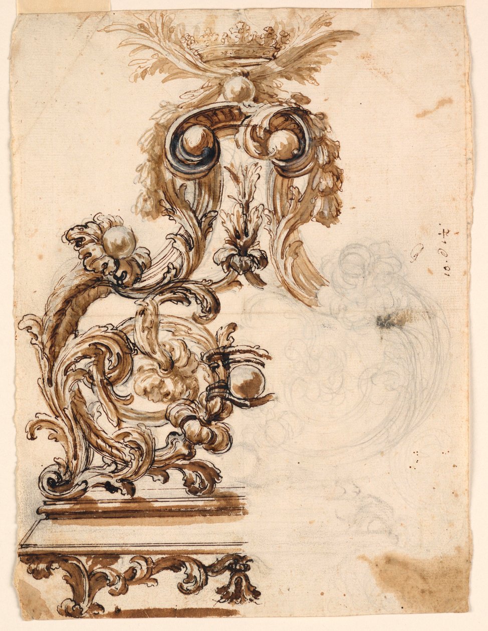 Tekening, ontwerp voor een verguld bronzen ornament, 1680-1700 door Giovanni Battista Foggini