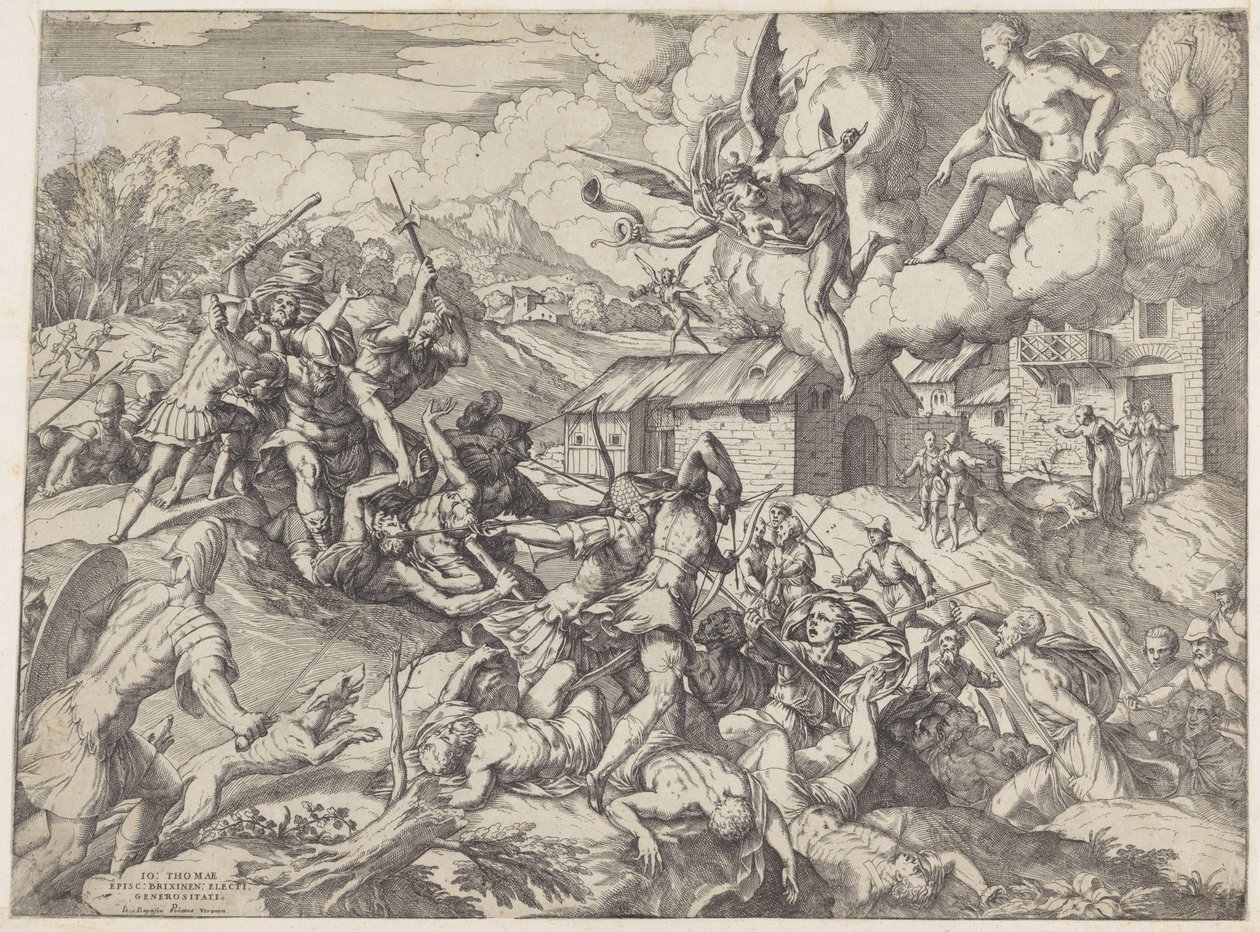 Soldaten van Aeneas vechten met dienaren van koning Latinus door Giovanni Battista Fontana