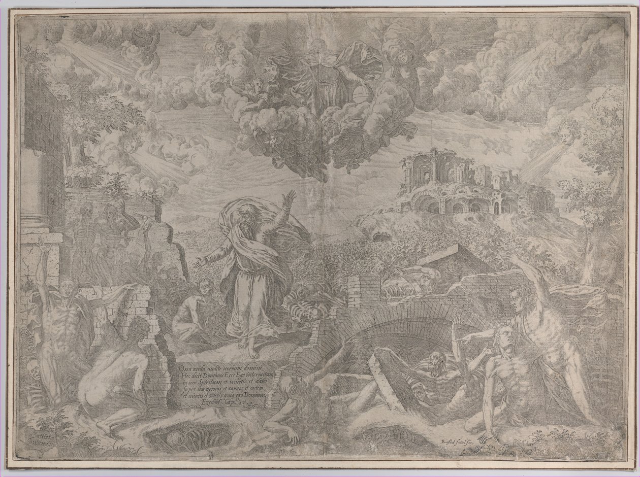 Het visioen van Ezechiël, met de doden die opstaan en hun vlees aantrekken, God de Vader erboven, 1579 door Giovanni Battista Fontana