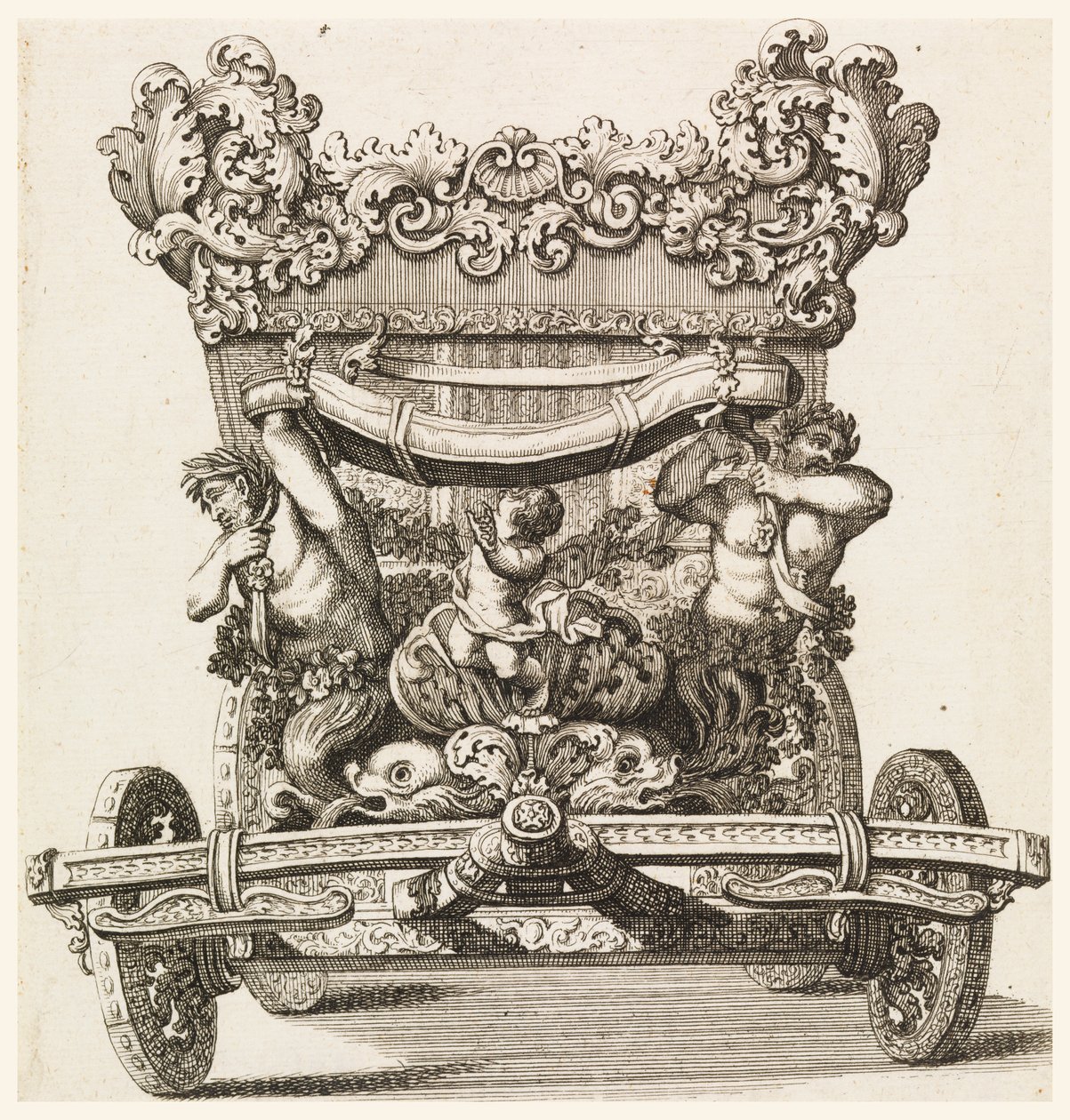 Vooraanzicht van de eerste koets (1686) van Lord Castlemaine door Andrea Cornelly naar Ciro Ferri, 1687-1700 door Giovanni Battista Lenardi