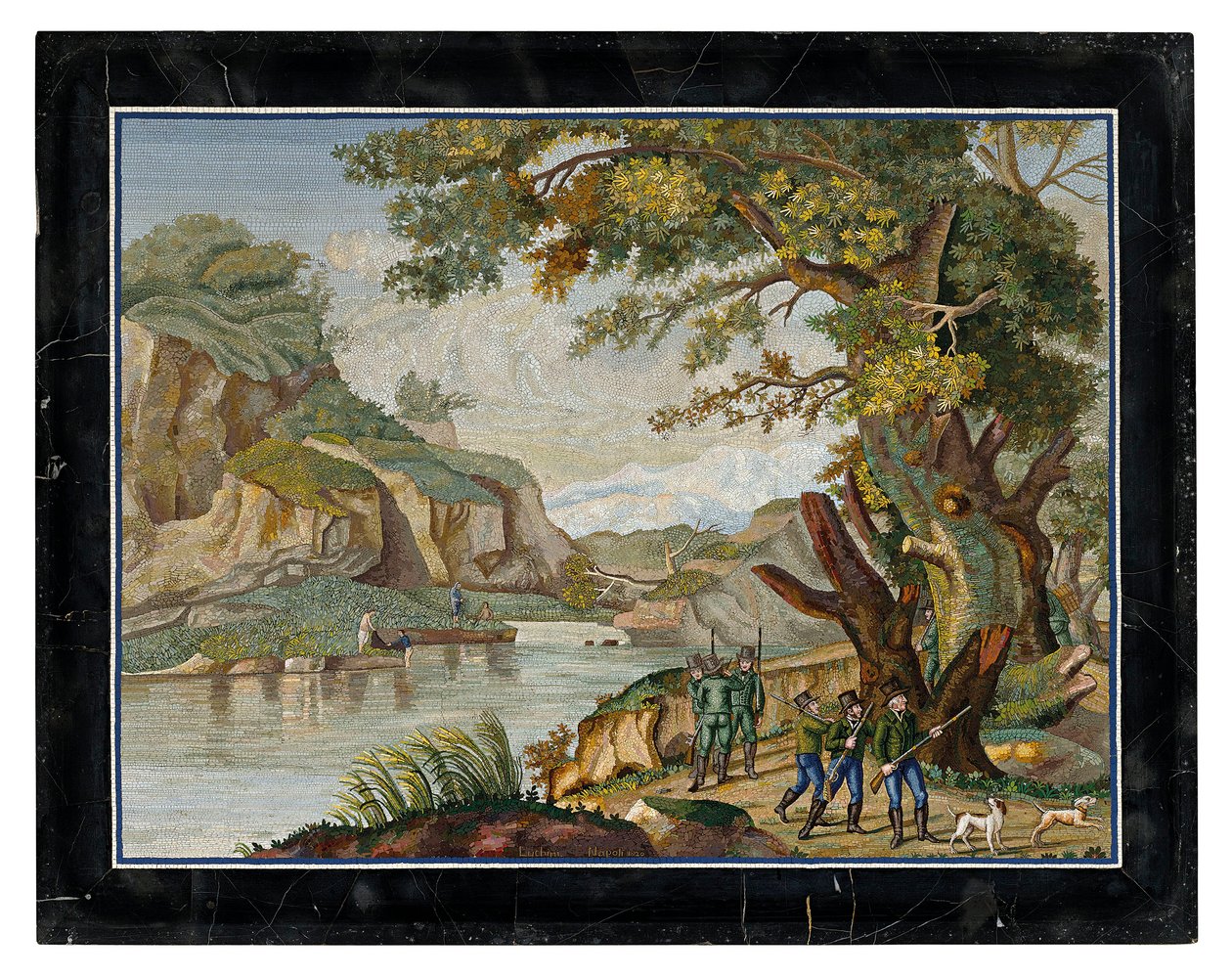 Een Italiaanse micromozaïek afbeelding van een jachtpartij in een rivierlandschap door Giovanni Battista Luchini