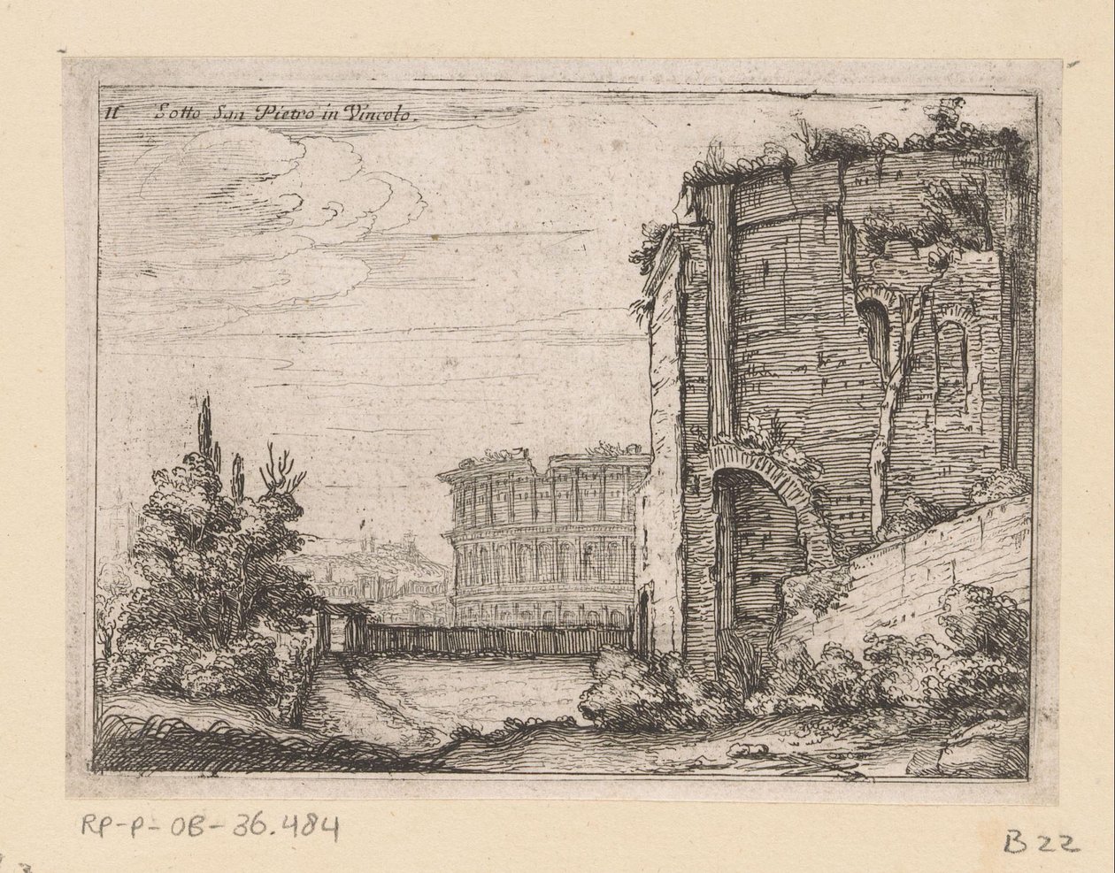 Ruïnes van antiek bouwwerk en het Colosseum te Rome door Giovanni Battista Mercati