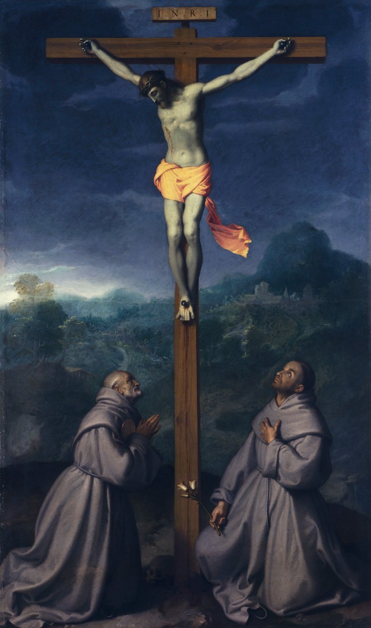 Kruisiging met heiligen Bernardino en Antonius van Padua door Giovanni Battista Moroni