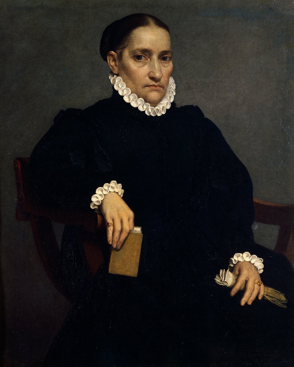 Portret van oudere vrouw in het zwart door Giovanni Battista Moroni