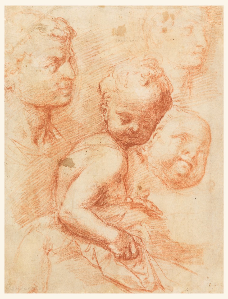 Tekening, Studie van man, vrouw en kinderhoofd, zittend kind, ca. 1570 door Giovanni Battista Naldini