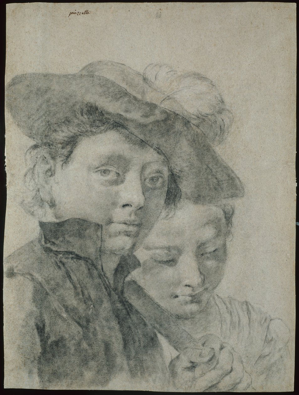 Een jonge jongen met een gevederde hoed en een jong meisje door Giovanni Battista Piazzetta