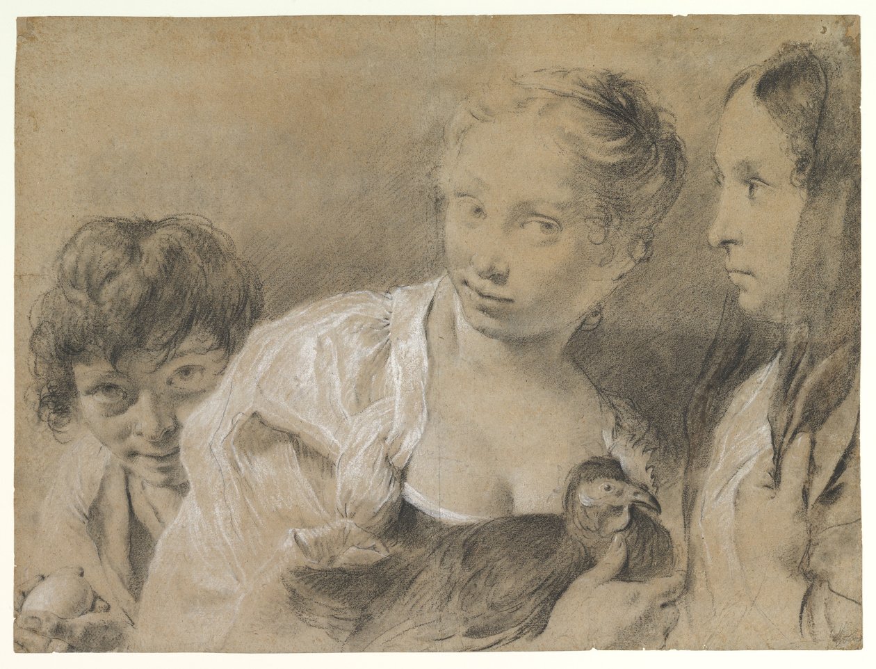 Jongen met een ei, meisje met een hen en een toekijkende vrouw door Giovanni Battista Piazzetta