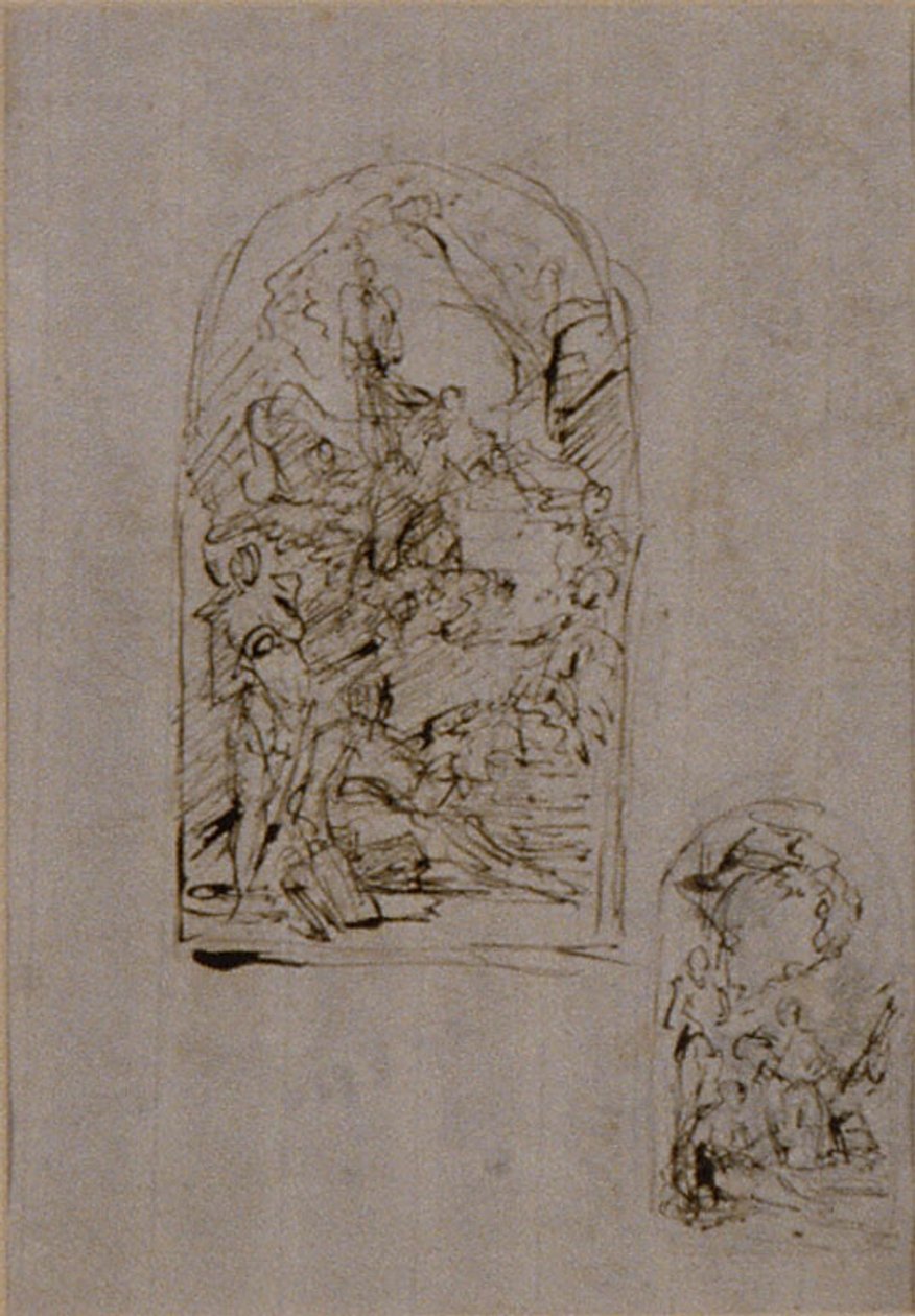 Schetsen voor een altaar met de heilige Margaretha van Cortona, de heilige Sebastiaan en de heilige Roch (recto); Twee schetsen voor een altaar (verso) door Giovanni Battista Piazzetta