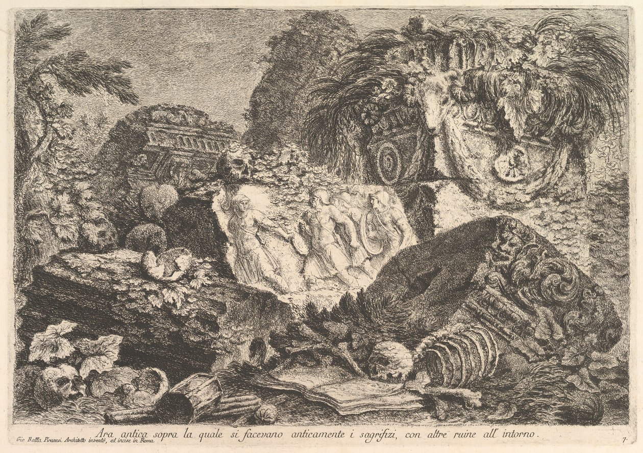 Oud Altaar waarop in de oudheid offers werden gebracht, omringd door andere ruïnes door Giovanni Battista Piranesi
