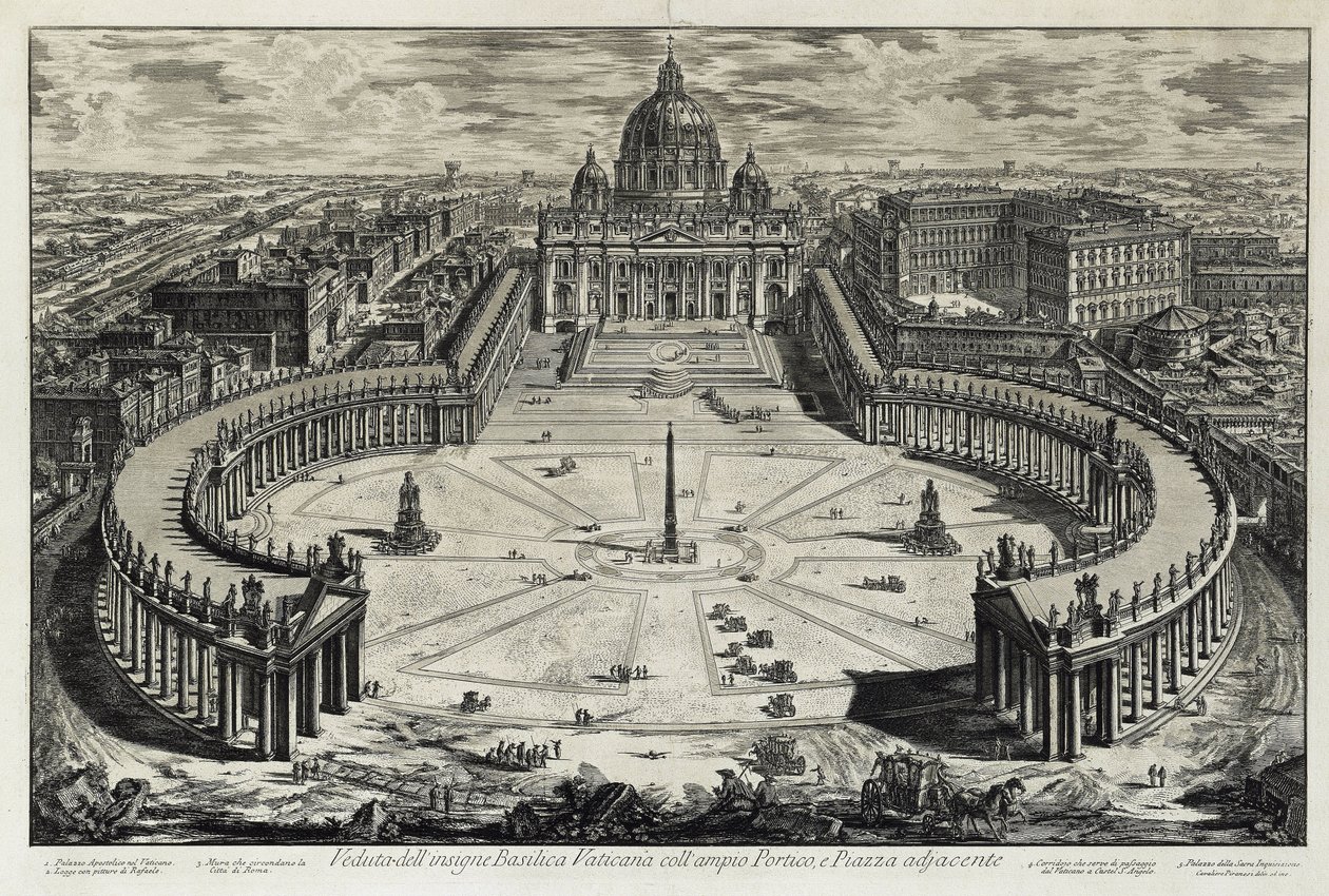 Gezicht op het plein en de Sint-Pietersbasiliek in Vaticaanstad (uit: Vedute di Roma) door Giovanni Battista Piranesi