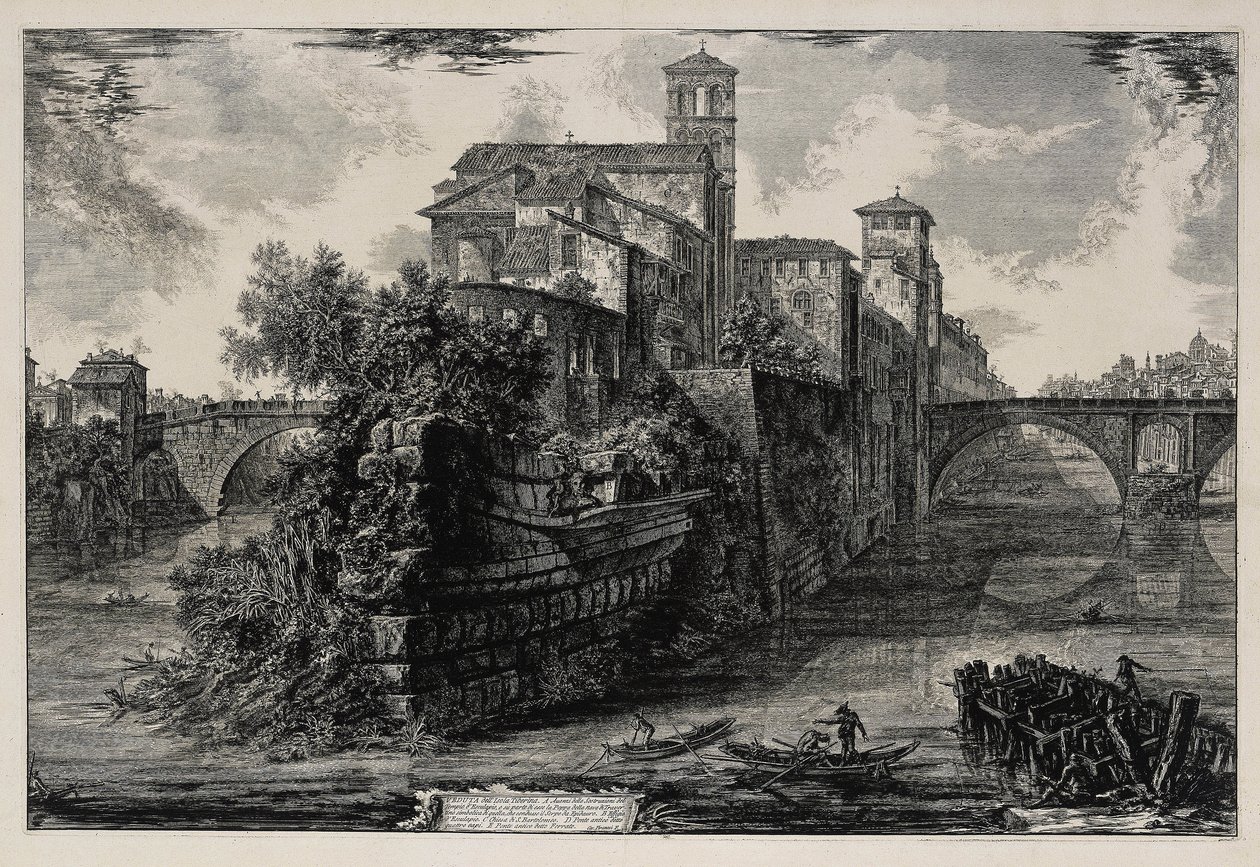 Gezicht op het Tibereiland (uit: Vedute di Roma) door Giovanni Battista Piranesi