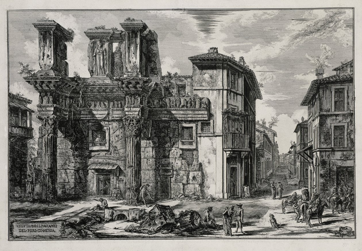 Gezicht op de overblijfselen van het Forum van Nerva in Rome (uit: Vedute di Roma) door Giovanni Battista Piranesi