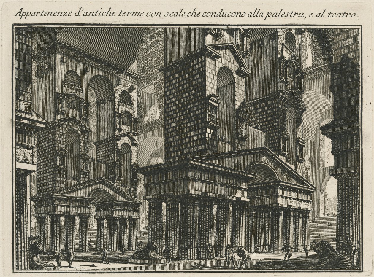 Onderdelen van oude thermen met trappen die naar de palestra en het theater leiden door Giovanni Battista Piranesi