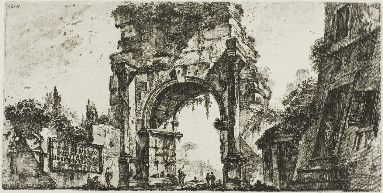 Boog van Drusus bij de Porta S. Sebastiano in Rome, plaat 8 uit Enkele Zichten op Triomfbogen en andere monumenten door Giovanni Battista Piranesi