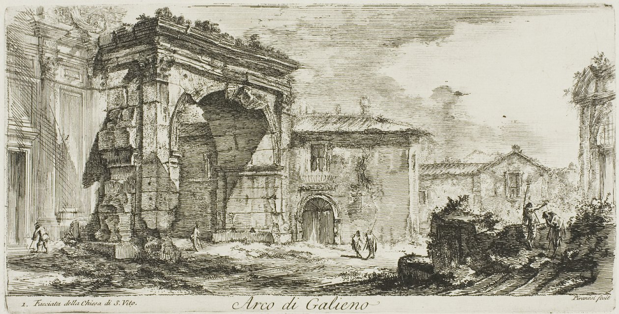 Boog van Galienus. I. Voorgevel van de kerk van S. Vito, plaat 29 uit Some Views of Triumphal Arches and other monuments. door Giovanni Battista Piranesi