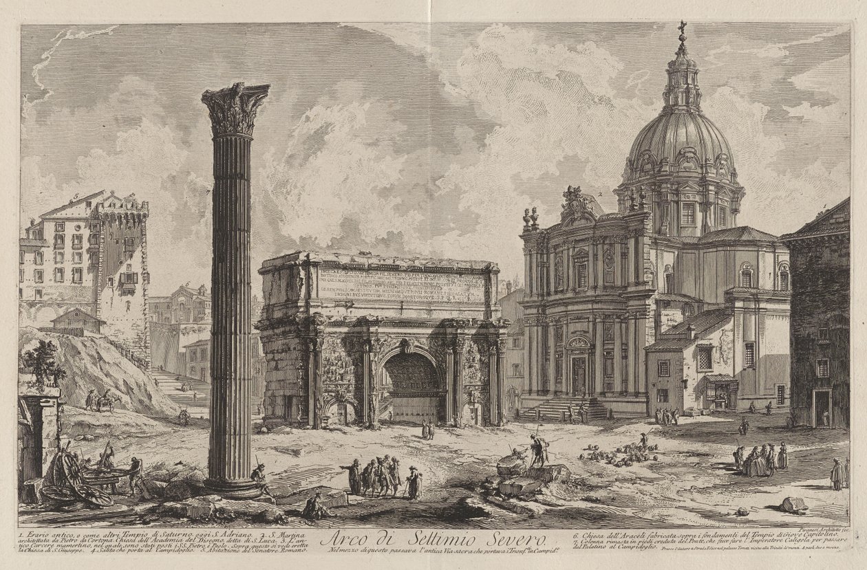 Boog van Septimius Severus. Door het midden liep de antieke Via Sacra die de overwinnaars naar het Capitool bracht (met de kerk van Santi Martina e Luca) door Giovanni Battista Piranesi