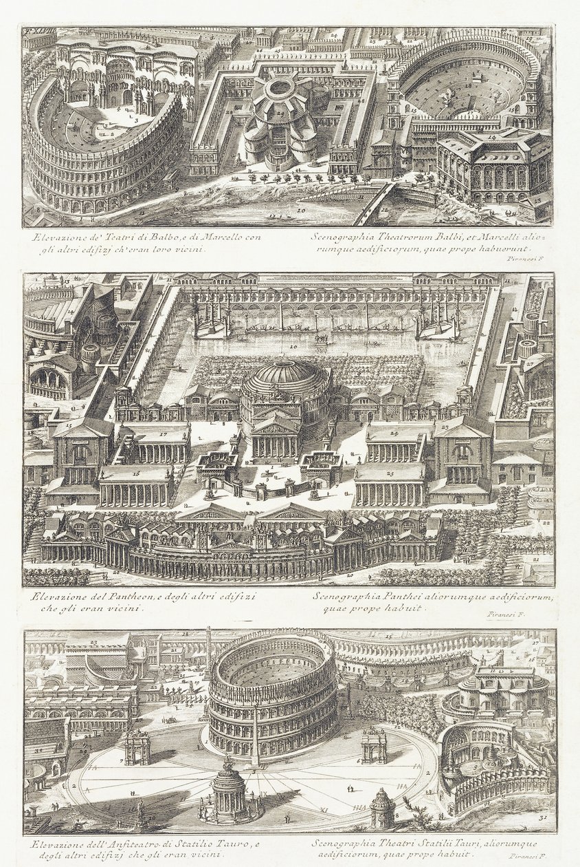 Vogelvluchtweergaven van: de Balbo en Marcello Theaters, het Pantheon en omgeving, en het Statilio Tauro Amfitheater door Giovanni Battista Piranesi