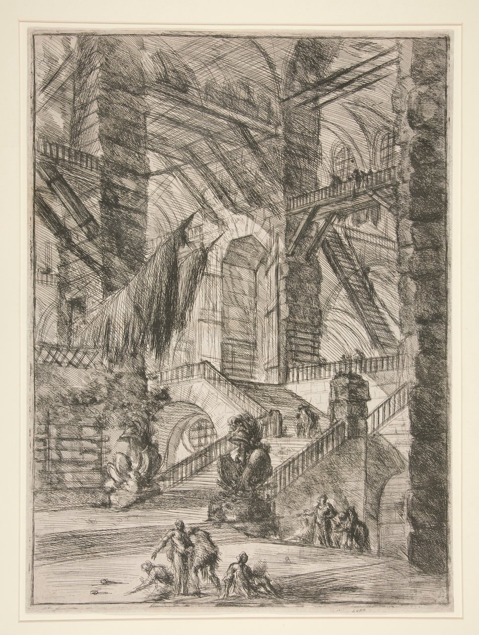 Carceri, VIII: De trap met trofeeën door Giovanni Battista Piranesi