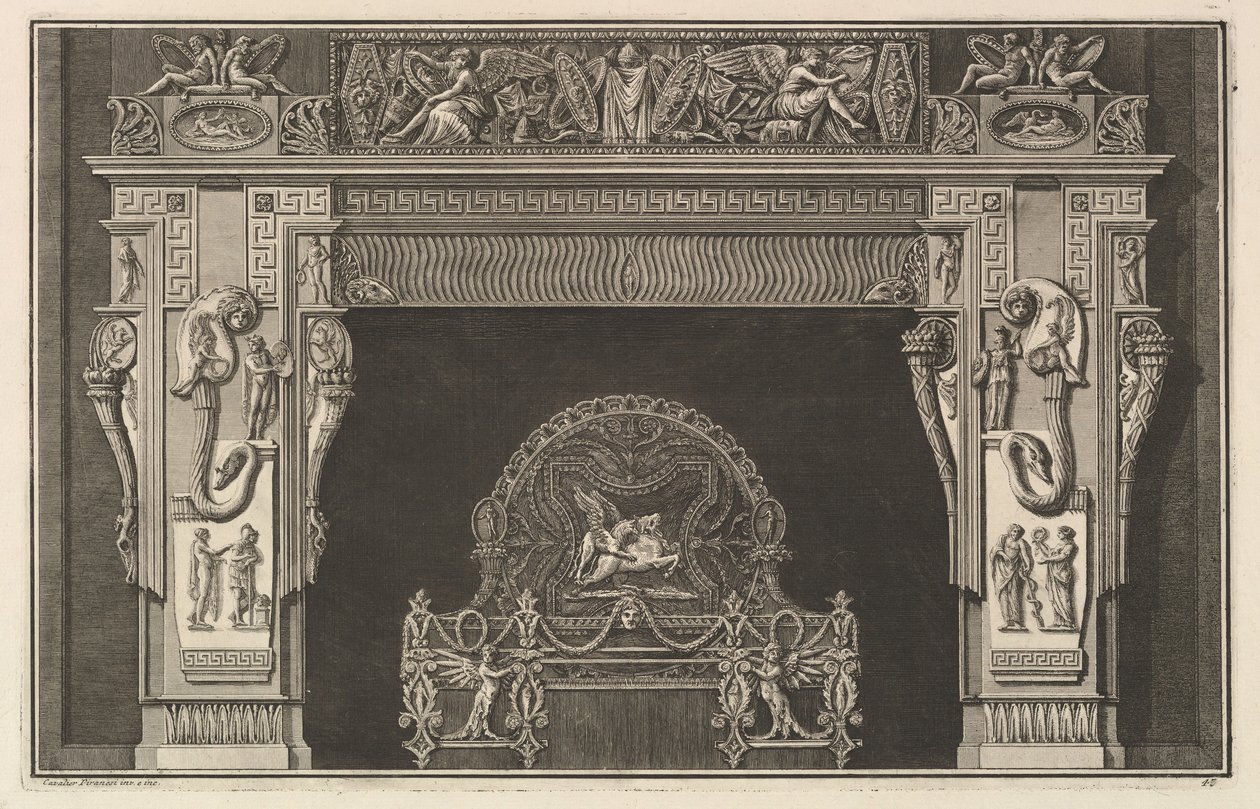Schouwstuk: Fries van trofeeën en gevleugelde Overwinningen op de latei, met hoorn des overvloeds, ca. 1769 door Giovanni Battista Piranesi