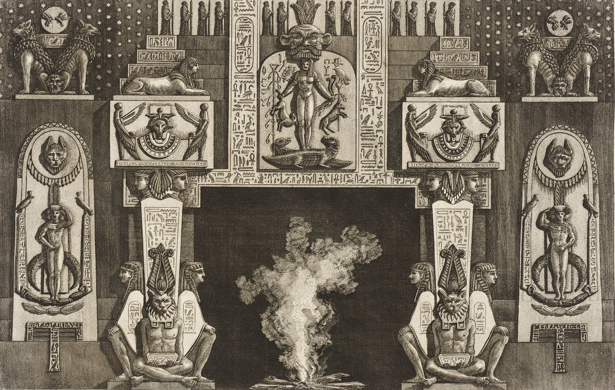Schoorsteenmantel in Egyptische stijl: groepen van drie gehurkte figuren op elke stijl door Giovanni Battista Piranesi