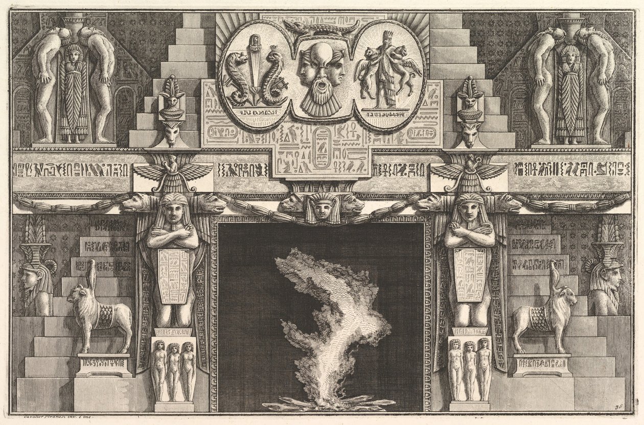 Schouw in Egyptische stijl: Groepen van drie vrouwelijke naakten aan de basis van elke j..., ca. 1769 door Giovanni Battista Piranesi