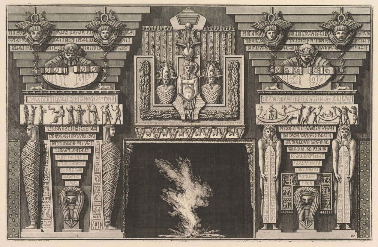 Schouw in Egyptische stijl: Twee mummies in profiel links en twee figuren..., ca. 1769 door Giovanni Battista Piranesi