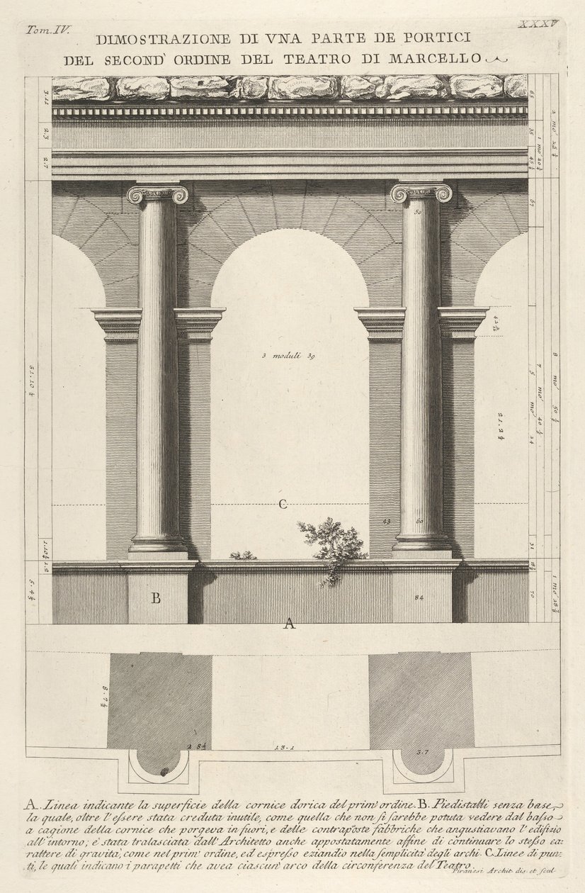 Opstand en plattegrond van de tweede-orde portiek bij het Theater van Marcellus door Giovanni Battista Piranesi