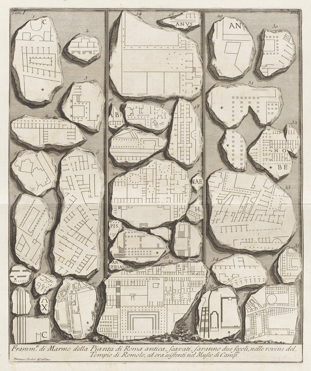Fragmenten van marmer van de plattegrond van het oude Rome door Giovanni Battista Piranesi