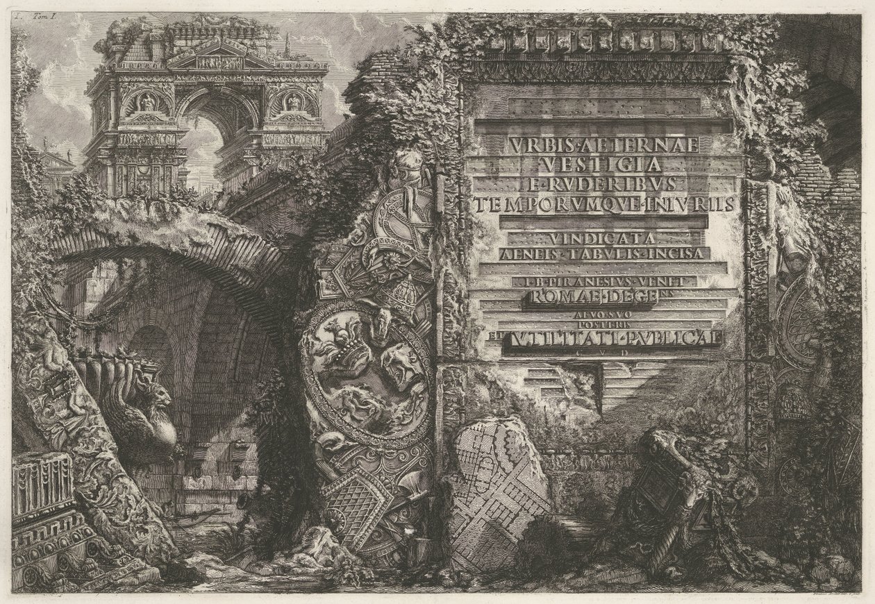 Frontispice met antieke ruïnes en een triomfboog door Giovanni Battista Piranesi