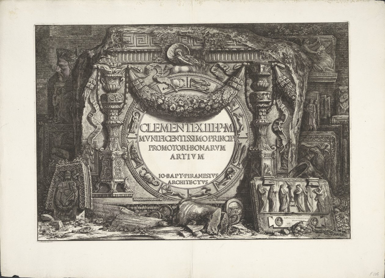 Frontispice met een groep ornamentele wandfragmenten door Giovanni-Battista Piranesi