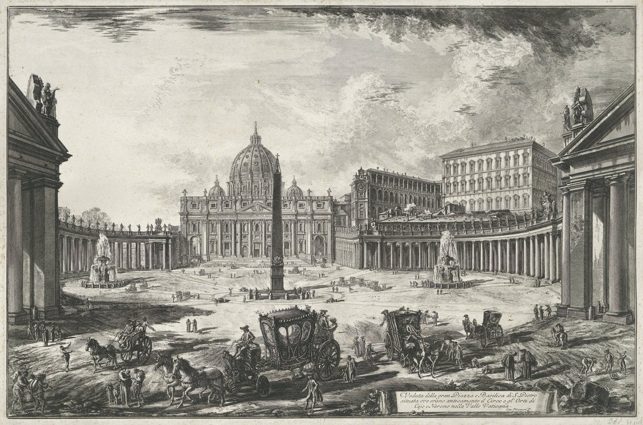 Gezicht op het Sint-Pietersplein met de Sint-Pietersbasiliek te Vaticaanstad door Giovanni Battista Piranesi