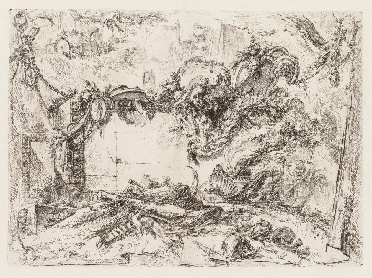 Groteschi: Ruïnes met schedels en een rokende vaas, ca. 1745-50 door Giovanni Battista Piranesi