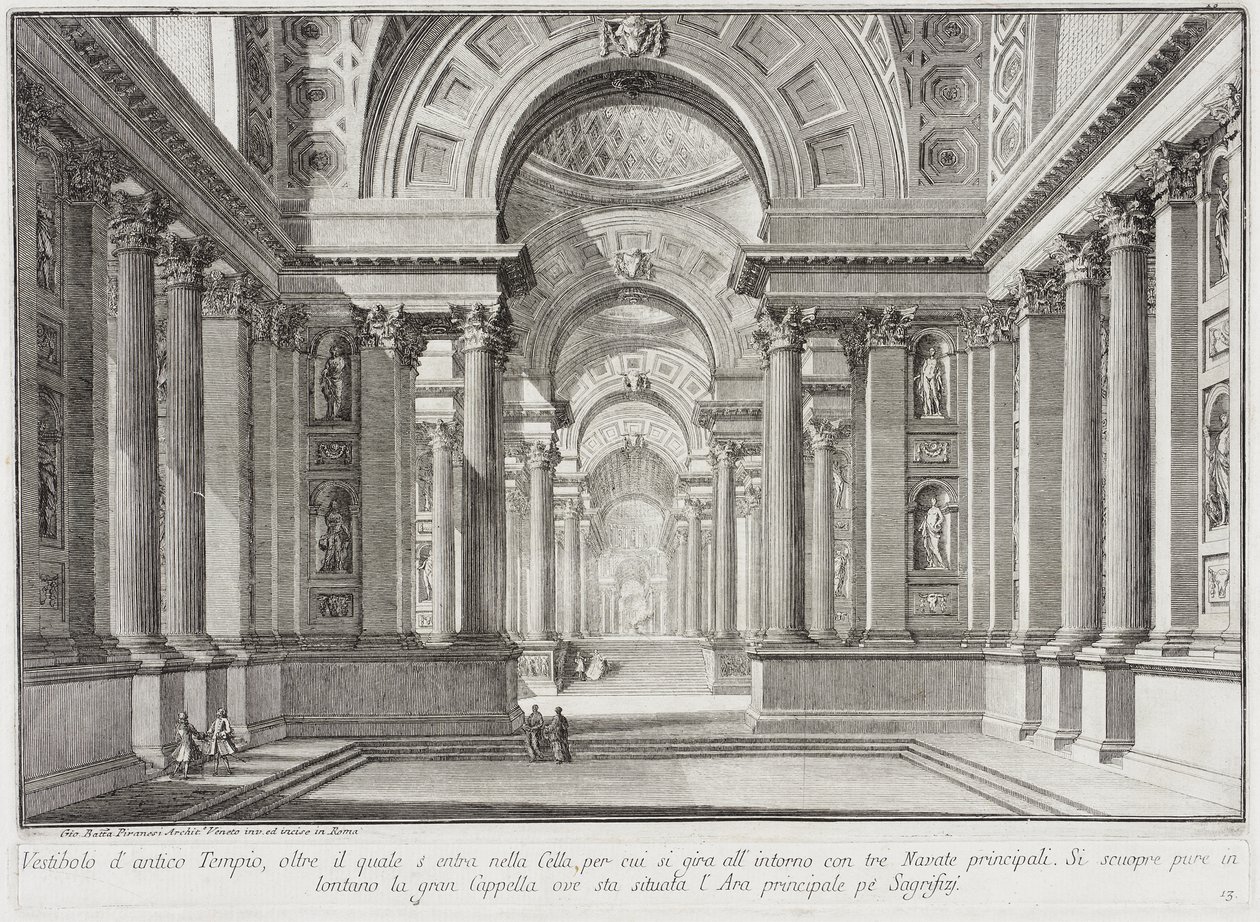 Denkbeeldige antieke tempel, ontworpen in de stijl van die welke ter ere van de godin Vesta werden gebouwd: in het midden bevindt zich het grote altaar waarop de Vestaalse maagden het onuitblusbare heilige vuur bewaarden... door Giovanni Battista Piranesi